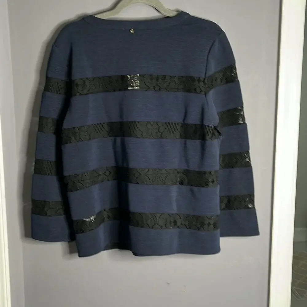 Anthropologie Harlyn Navy Blue Black Lace Long Sleeve Top Medium
